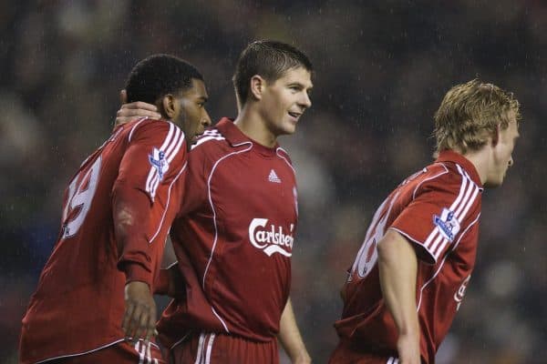 LIVERPOOL, ENGLAND - Sunday, December 2, 2007: Liverpool's Ryan Babel celebrates scoring the fourth goal against Bolton Wanderers, with his team-mates captain Steven Gerrard MBE and Dirk Kuyt, during the Premiership match at Anfield. (Photo by David Rawcliffe/Propaganda)