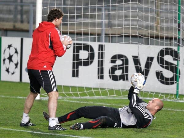 MARSEILLE, FRANCE - Monday, December 10, 2007: Liverpool's goalkeeper Jose Pepe Reina training with goalkeeping coach Xavi Valero at the Stade Velodrome ahead of the final UEFA Champions League Group A match against Olympique de Marseille. Liverpool must win to progress to the knock-out stage. (Photo by David Rawcliffe/Propaganda)