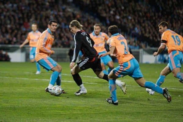 MARSEILLE, FRANCE - Tuesday, December 11, 2007: Liverpool's Fernando Torres on his way to scoring the second goal against Olympique de Marseille during the final UEFA Champions League Group A match at the Stade Velodrome. (Photo by David Rawcliffe/Propaganda)