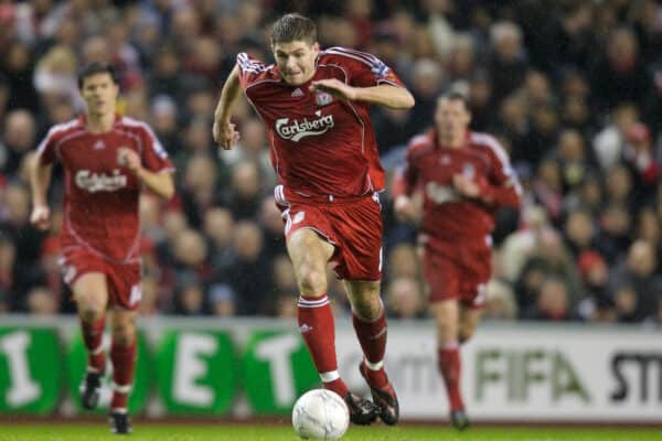 LIVERPOOL, ENGLAND - Tuesday, January 15, 2008: Liverpool's hat-trick hero captain Steven Gerrard MBE during the FA Cup 3rd Round Replay against Luton Town at Anfield. (Photo by David Rawcliffe/Propaganda)