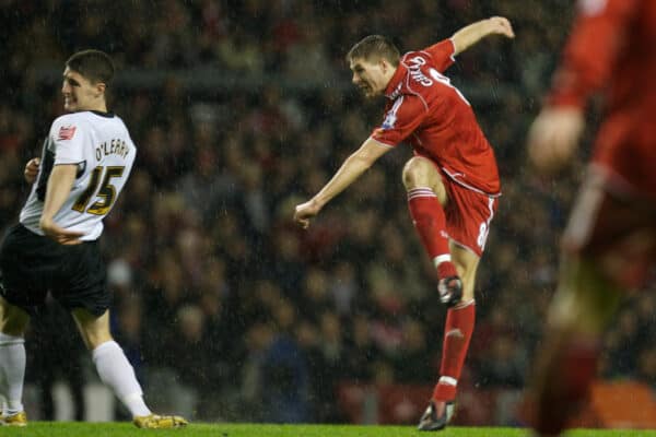 LIVERPOOL, ENGLAND - Tuesday, January 15, 2008: Liverpool's captain Steven Gerrard MBE scores his hat-trick goal against Luton Town during the FA Cup 3rd Round Replay at Anfield. (Photo by David Rawcliffe/Propaganda)