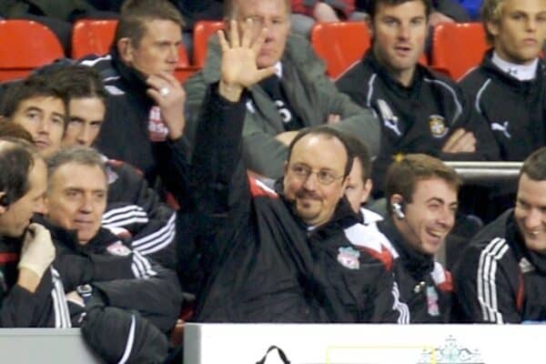 LIVERPOOL, ENGLAND - Tuesday, January 15, 2008: Five star... five goals... Liverpool's manager Rafael Benitez salutes his loyal supporters during the FA Cup 3rd Round Replay against Luton Town at Anfield. (Photo by David Rawcliffe/Propaganda)