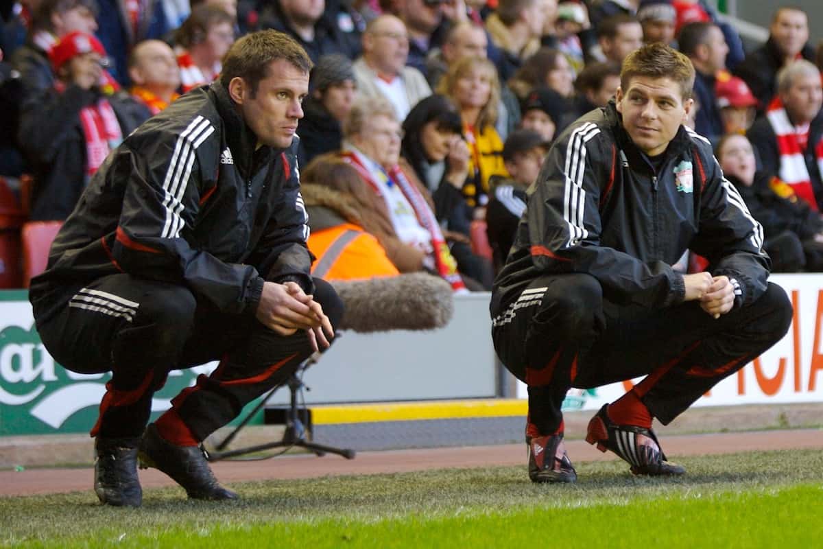 LIVERPOOL, ENGLAND - Saturday, January 26, 2008: Liverpool's super-star substitutes Jamie Carragher and captain Steven Gerrard MBE watch from the sidelines during the FA Cup 4th Round match against Havant and Waterlooville at Anfield. (Photo by David Rawcliffe/Propaganda)