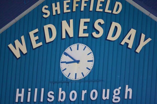 SHEFFIELD, ENGLAND - Tuesday, February 12, 2008: The clock at Sheffield Wednesday's Hillsborough Stadium. (Photo by David Rawcliffe/Propaganda)