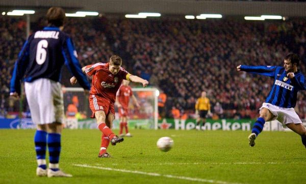 LIVERPOOL, ENGLAND - Tuesday, February 19, 2008: Liverpool's captain Steven Gerrard MBE scores the second goal against FC Internazionale Milano in the UEFA Champions League First Knockout Round 1st Leg match at Anfield. (Photo by David Rawcliffe/Propaganda)