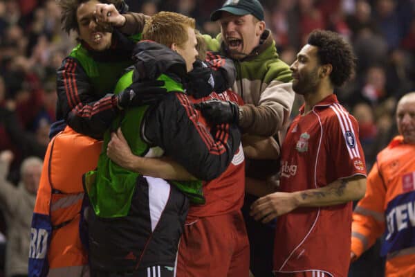 LIVERPOOL, ENGLAND - Tuesday, February 19, 2008: Liverpool's captain Steven Gerrard MBE (hidden) celebrates with his late second goal against FC Internazionale Milano with team-mates John Arne Riise, Jermaine Pennant and Yossi Benayoun and one supporter during the UEFA Champions League First Knockout Round 1st Leg match at Anfield. (Photo by David Rawcliffe/Propaganda)