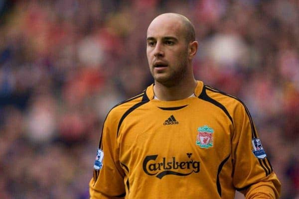 LIVERPOOL, ENGLAND - Saturday, February 23, 2008: Liverpool's goalkeeper Jose Pepe Reina in action against Middlesbrough during the Premiership match at Anfield. (Photo by David Rawcliffe/Propaganda)