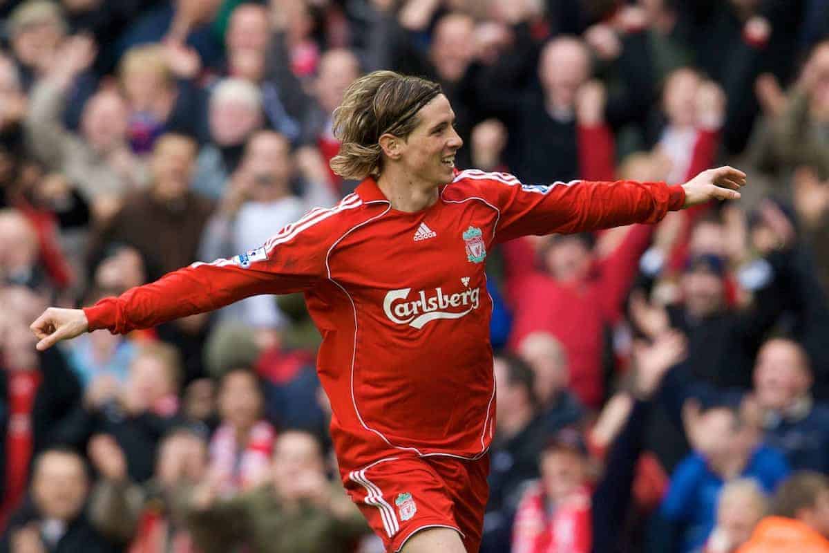 LIVERPOOL, ENGLAND - Saturday, February 23, 2008: Liverpool's Fernando Torres celebrates scoring his hat-trick goal against Middlesbrough during the Premiership match at Anfield. (Photo by David Rawcliffe/Propaganda)