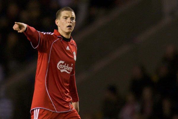 WARRINGTON, ENGLAND - Tuesday, February 26, 2008: Liverpool's Daniel Agger in action against Manchester United during the FA Premiership Reserves League (Northern Division) match at the Halliwell Jones Stadium. (Photo by David Rawcliffe/Propaganda)