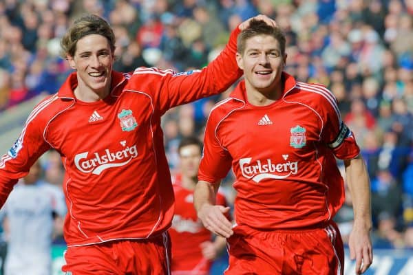 BOLTON, ENGLAND - Sunday, March 2, 2008: Liverpool's captain Steven Gerrard MBE celebrates scoring the opening goal against Bolton Wanderers with team-mate Fernando Torres during the Premiership match at the Reebok Stadium. (Photo by David Rawcliffe/Propaganda)