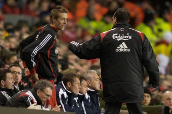 LIVERPOOL, ENGLAND - Wednesday, March 5, 2008: Liverpool's manager Rafael Benitez and substitute Peter Crouch during the Premiership match against West Ham United at Anfield. (Photo by David Rawcliffe/Propaganda)