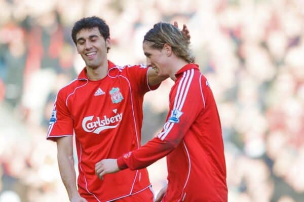 LIVERPOOL, ENGLAND - Saturday, March 8, 2008: Liverpool's Fernando Torres and Alvaro Arbeloa during the Premiership match at Anfield. (Photo by David Rawcliffe/Propaganda)