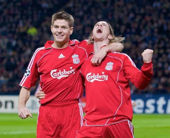 MILAN, ITALY - Tuesday, March 10, 2008: Liverpool's Fernando Torres celebrates scoring the opening goal against FC Internazionale Milano with team-mate captain Steven Gerrard MBE during the UEFA Champions League First knockout Round 2nd Leg match at the San Siro. (Pic by David Rawcliffe/Propaganda)