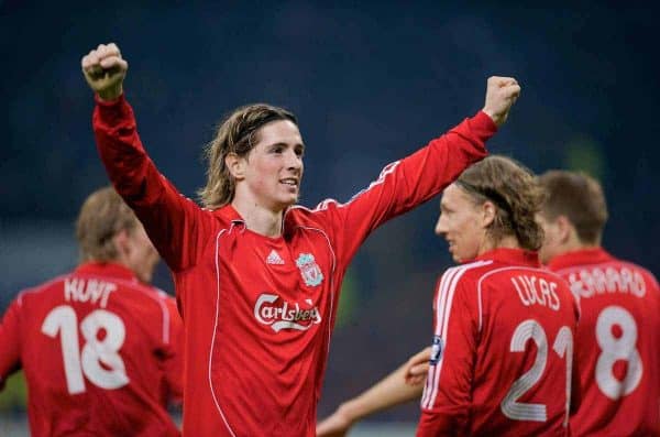 MILAN, ITALY - Tuesday, March 10, 2008: Liverpool's Fernando Torres celebrates the opening goal against FC Internazionale Milano during the UEFA Champions League First knockout Round 2nd Leg match at the San Siro. (Pic by David Rawcliffe/Propaganda)