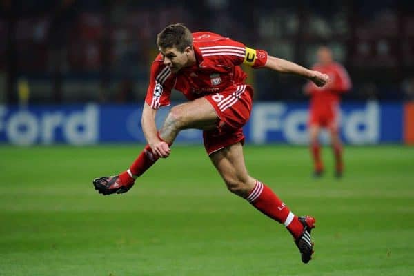 MILAN, ITALY - Tuesday, March 10, 2008: Liverpool's captain Steven Gerrard MBE in action against FC Internazionale Milano during the UEFA Champions League First knockout Round 2nd Leg match at the San Siro. (Pic by Andrea Staccioli/Propaganda)