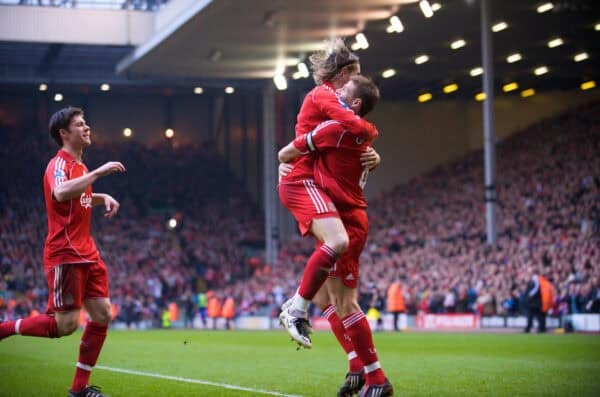 LIVERPOOL, ENGLAND - Saturday, March 15, 2008: Liverpool's Fernando Torres celebrates scoring the second goal against Reading with captain Steven Gerrard MBE during the Premiership match at Anfield. (Photo by David Rawcliffe/Propaganda)