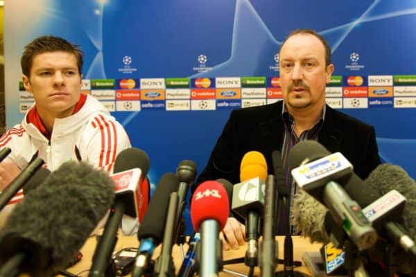 LIVERPOOL, ENGLAND - Monday, April 7,2008: Liverpool's Xabi Alonso and manager Rafael Benitez during a press conference at Anfield ahead of the UEFA Champions League Quarter-Final 2nd Leg. (Pic by David Rawcliffe/Propaganda)