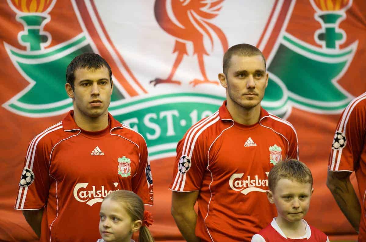 LIVERPOOL, ENGLAND - Tuesday, April 8, 2008: Liverpool's Javier Mascherano and Fabio Aurelio during the UEFA Champions League Quarter-Final 2nd Leg match at Anfield. (Photo by David Rawcliffe/Propaganda)