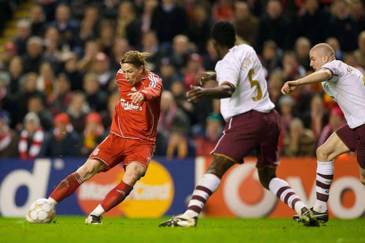 LIVERPOOL, ENGLAND - Tuesday, April 8, 2008: Liverpool's Fernando Torres turns to score the second goal against Arsenal during the UEFA Champions League Quarter-Final 2nd Leg match at Anfield. (Photo by David Rawcliffe/Propaganda)