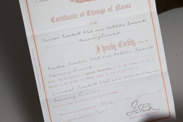 A certificate recording the change of name for the company from Everton Football Club to Liverpool Football Club on the 3rd June 1892. This is one of Stephen Done's Kop Ten items. Stephen is the curator of the Liverpool FC museum. (Pic by David Rawcliffe/Propaganda)