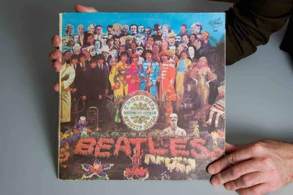 The cover of a Russian copy of the Beatles' Sgt Pepper's Lonely Hearts Club Band album, featuring an image of Liverpool FC player Albert Stubbins. This is one of Stephen Done's Kop Ten items. Stephen is the curator of the Liverpool FC museum. (Pic by David Rawcliffe/Propaganda)