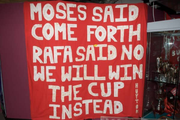 A supporter's banner from the 2005 European Cup Final in Istanbul reading; 'Moses Said Come Forth. Rafa Said No We Will Win The Cup Instead.' This is one of Stephen Done's Kop Ten items. Stephen is the curator of the Liverpool FC museum. (Pic by David Rawcliffe/Propaganda)