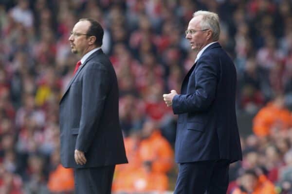 LIVERPOOL, ENGLAND - Sunday, May 4, 2008: Liverpool's manager Rafael Benitez and Manchester City's manager Sven Goran-Eriksson during the Premiership match at Anfield. (Photo by David Rawcliffe/Propaganda)