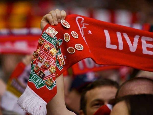 LIVERPOOL, ENGLAND - Sunday, May 4, 2008: A Liverpool fans' scarf with pin badges during the Premiership match at Anfield. (Photo by David Rawcliffe/Propaganda)