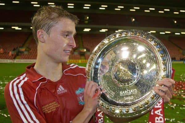 LIVERPOOL, ENGLAND - Wednesday, May 7, 2008: Liverpool's captain Stephen Darby celebrates with the trophy after beating Aston Villa 3-0 during the play-off final of the FA Premier League Reserve League at Anfield. (Photo by David Rawcliffe/Propaganda)