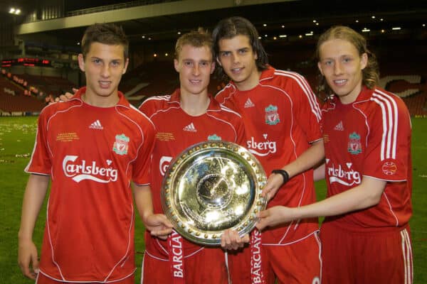 LIVERPOOL, ENGLAND - Wednesday, May 7, 2008: Liverpool's L-R Krisztian Nemeth, captain Stephen Darby, Jordy Brouwer and Lucas Levia celebrate with the trophy after beating Aston Villa 3-0 during the play-off final of the FA Premier League Reserve League at Anfield. (Photo by David Rawcliffe/Propaganda)