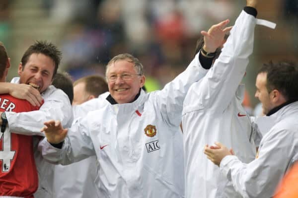 WIGAN, ENGLAND - Sunday, May 11, 2008: Manchester United's manager Alex Ferguson celebrates as his side beat Wigan Athletic 2-0 to win the Premier League for the 10th time during the final Premiership match of the season at the JJB Stadium. (Photo by David Rawcliffe/Propaganda)