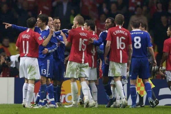 MOSCOW, RUSSIA - Wednesday, May 21, 2008: Manchester United  Chelsea players fight during the UEFA Champions League Final at the Luzhniki Stadium. (Photo by David Rawcliffe/Propaganda)