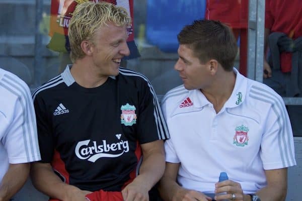 GRENCHEN, SWITZERLAND - Wednesday, July 16, 2008: Liverpool's Dirk Kuyt and captain Steven Gerrard MBE before a pre-season friendly at Stadion Bruhl. (Photo by David Rawcliffe/Propaganda)