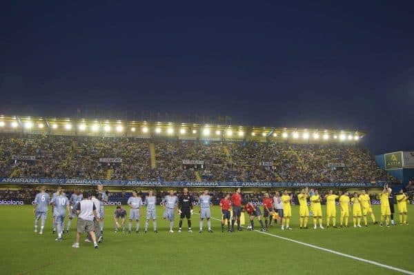 VILLARREAL, SPAIN - Wednesday, July 30, 2008: Liverpool and Villarreal players line-up before a friendly match at the Madrigal Stadium. (Photo by David Rawcliffe/Propaganda)