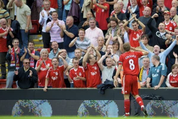 LIVERPOOL, ENGLAND - Saturday, August 23, 2008: Liverpool's match-winner captain Steven Gerrard MBE celebrates his side's late 2-1 victory over Middlesbrough with supporters during the Premiership match at Anfield. (Photo by David Rawcliffe/Propaganda)