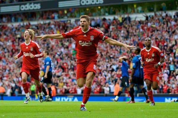 LIVERPOOL, ENGLAND - Saturday, August 23, 2008: Liverpool's match-winner captain Steven Gerrard MBE celebrates his late goal to seal victory over Middlesbrough during the Premiership match at Anfield. (Photo by David Rawcliffe/Propaganda)