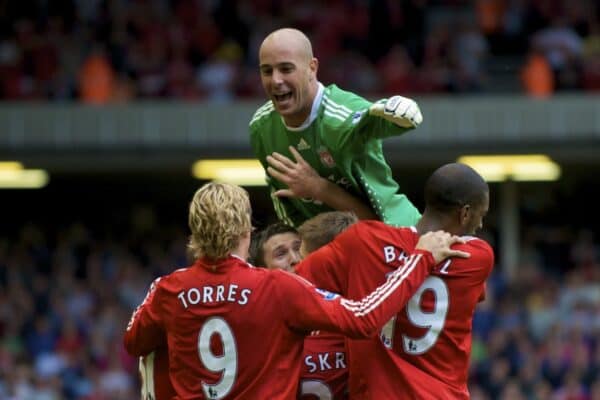 LIVERPOOL, ENGLAND - Saturday, August 23, 2008: Liverpool's match-winner captain Steven Gerrard MBE is mobbed by his team-mates goalkeeper Pepe Reina, Fernando Torres and Ryan Babel as he celebrates his late goal to seal victory over Middlesbrough during the Premiership match at Anfield. (Photo by David Rawcliffe/Propaganda)