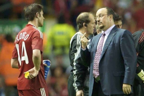 LIVERPOOL, ENGLAND - Wednesday, August 27, 2008: Liverpool's manager Rafael Benitez and Xabi Alonso during the UEFA Champions League 3rd Qualifying Round 2nd Leg match against Royal Standard de Liege at Anfield. (Photo by David Rawcliffe/Propaganda)