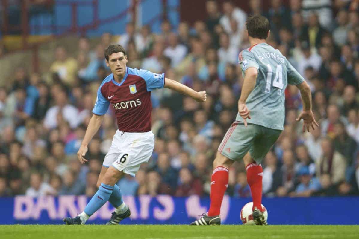 BIRMINGHAM, ENGLAND - Sunday, August 31, 2008: Aston Villa's Gareth Barry in action against Liverpool's Xabi Alonso during the Premiership match at Villa Park. (Photo by David Rawcliffe/Propaganda)