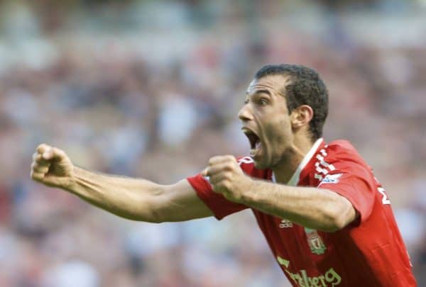 LIVERPOOL, ENGLAND - Saturday, September 13, 2008: Liverpool's Javier Mascherano celebrates after Ryan Babel's goal made the score 2-1 to Liverpool during the Premiership match against Manchester United at Anfield. (Photo by David Rawcliffe/Propaganda)