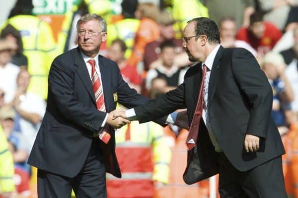 LIVERPOOL, ENGLAND - Saturday, September 13, 2008: Liverpool's manager Rafael Benitez shakes hands with a gutted Manchester United manager Alex Ferguson after Liverpool's 2-1 victory in the Premiership match at Anfield. (Photo by David Rawcliffe/Propaganda)