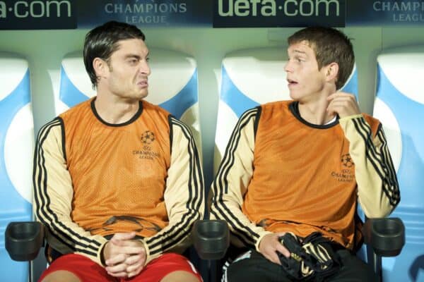 MARSEILLE, FRANCE - Tuesday, September 16, 2008: Liverpool's Albert Riera and Daniel Agger before the opening UEFA Champions League Group D match against Olympique de Marseille at the Stade Velodrome. (Photo by David Rawcliffe/Propaganda)