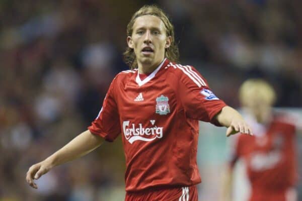 LIVERPOOL, ENGLAND - Tuesday, September 23, 2008: Liverpool's Lucas Leiva in action against Crewe Alexandra during the League Cup 3rd round match at Anfield. (Photo by David Rawcliffe/Propaganda)