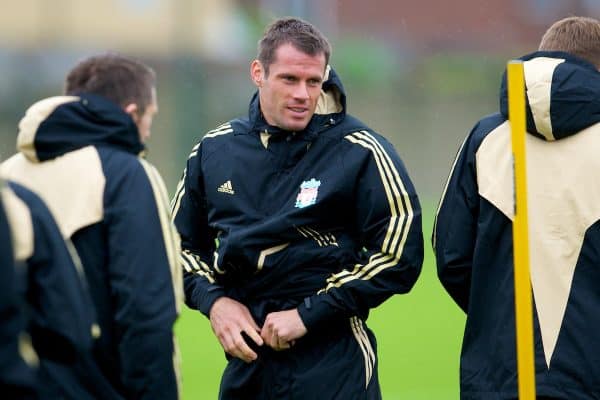 LIVERPOOL, ENGLAND - Tuesday, September 30, 2008: Liverpool's Jamie Carragher training at Melwood ahead of the UEFA Champions League Group D match against PSV Eindhoven. (Photo by David Rawcliffe/Propaganda)