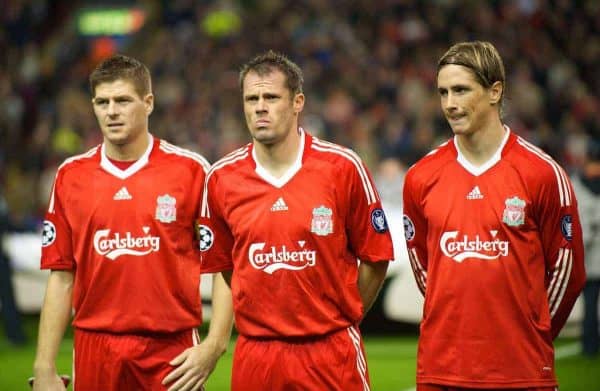 LIVERPOOL, ENGLAND - Wednesday, October 1, 2008: Liverpool's captain Steven Gerrard MBE, Jamie Carragher and Fernando Torres before the UEFA Champions League Group D match against PSV Eindhoven at Anfield. (Photo by David Rawcliffe/Propaganda)