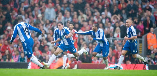 LIVERPOOL, ENGLAND - Saturday, October 18, 2008: Wigan Athletic's Amr Zaki celebrates scoring his second goal against Liverpool, to make the score 2-1, during the Premiership match at Anfield. (Photo by David Rawcliffe/Propaganda)