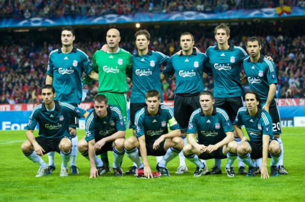 MADRID, SPAIN - Wednesday, October 22, 2008: Liverpool's players line-up for a team group photograph before the UEFA Champions League Group D match against Club Atletico de Madrid at the Vicente Calderon. Back row L-R: Albert Riera, goalkeeper Pepe Reina, Xabi Alonso, Andrea Dossena, Daniel Agger, Javier Mascherano. Front row L-R: Alvaro Arbeloa, Jamie Carragher, captain Steven Gerrard MBE, Robbie Keane, Yossi Benayoun. (Photo by David Rawcliffe/Propaganda)