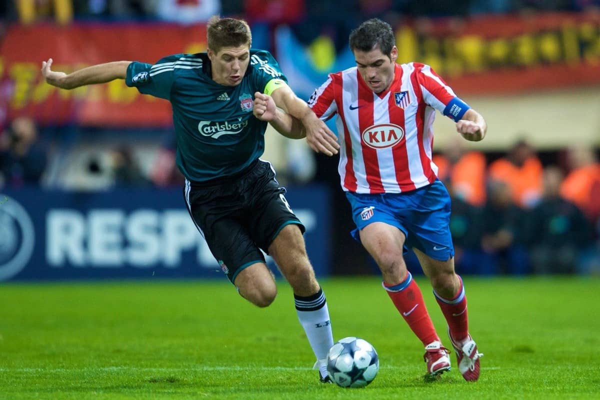 MADRID, SPAIN - Wednesday, October 22, 2008: Liverpool's captain Steven Gerrard MBE and Club Atletico de Madrid's Antonio Lopez during the UEFA Champions League Group D match at the Vicente Calderon. (Photo by David Rawcliffe/Propaganda)