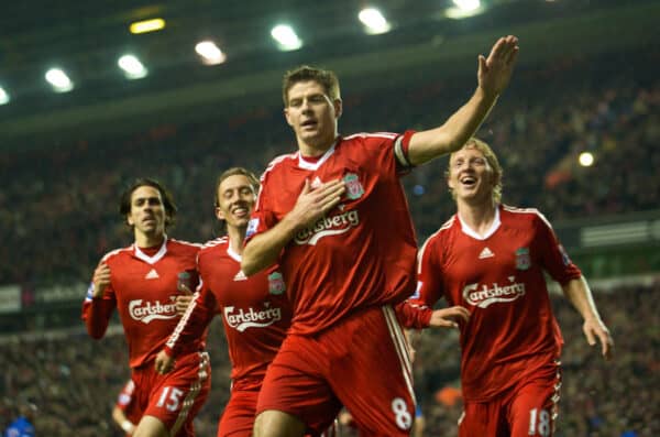 LIVERPOOL, ENGLAND - Wednesday, October 29, 2008: Liverpool's Steven Gerrard MBE celebrates scoring his 101th goal for the club, to help his side to a 1-0 victory over Portsmouth, with team-mates Lucas Levia, Yossi Benayoun and Dirk Kuyt, during the Premiership match at Anfield. (Photo by David Rawcliffe/Propaganda)