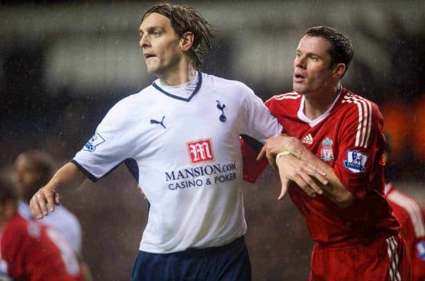 LONDON, ENGLAND - Saturday, November 1, 2008: Liverpool's Jamie Carragher and Tottenham Hotspur's Jonathan Woodgate during the Premiership match at White Hart Lane. (Photo by David Rawcliffe/Propaganda)